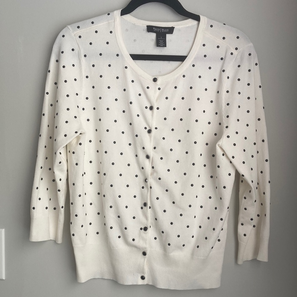 White House Black Market White Snap Front Polka Dot Sweater